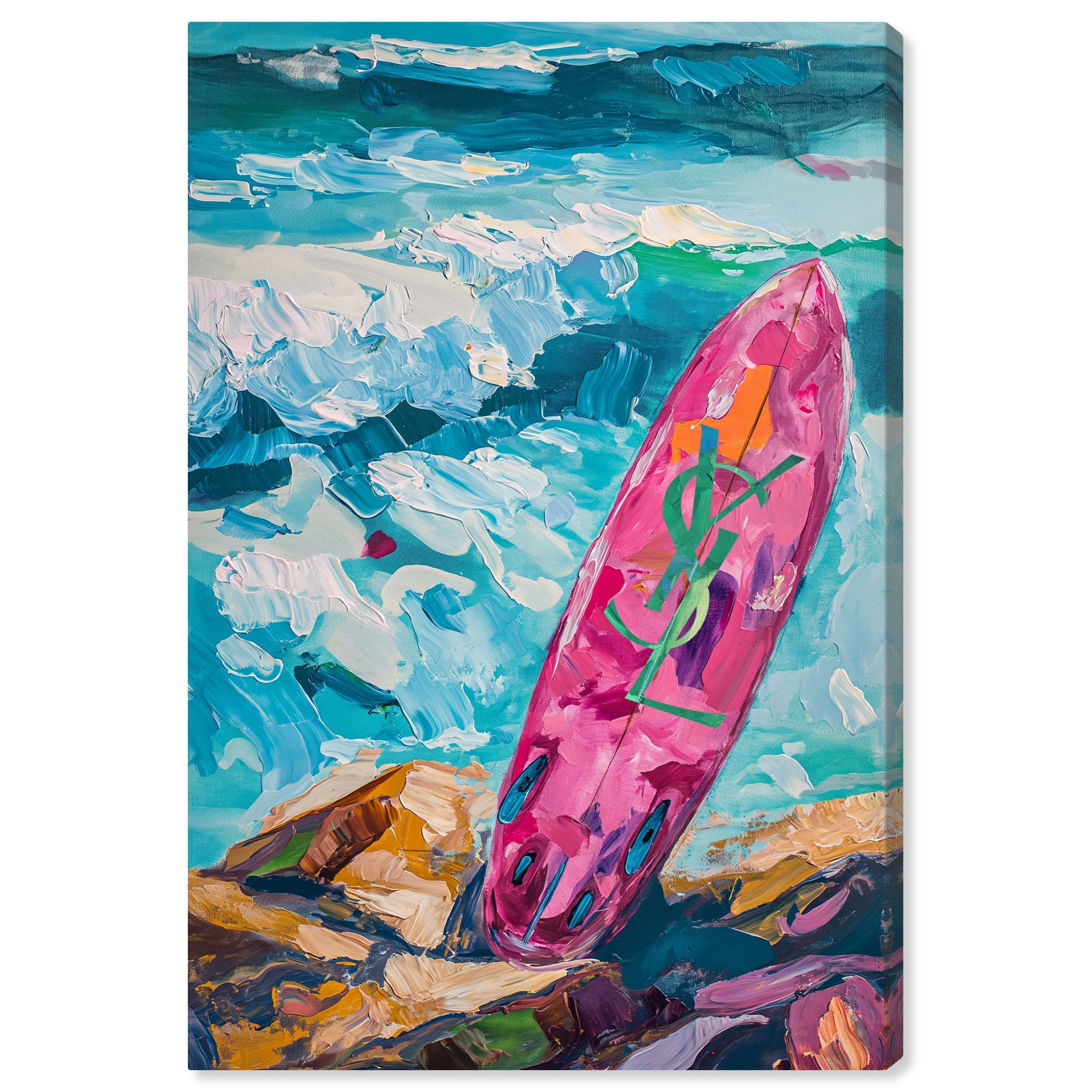 Pink-Surfboard-On-The-Beach-