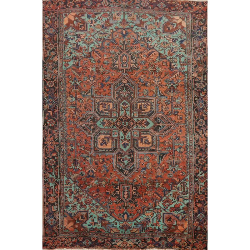Hand Knotted Oriental 100% Wool Carpet Traditional Medallion Oranges & Rust Heriz Area Rug - 10' 6'' X 7' 8''