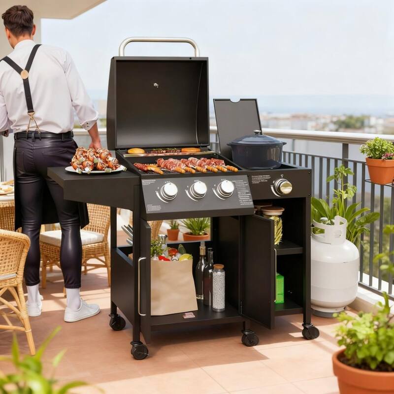 Steel Barbecue Grill, Gas Grill with Warming Rack and Built-in Cabinet, BBQ Grill with Side Burner and Foldable Side Table