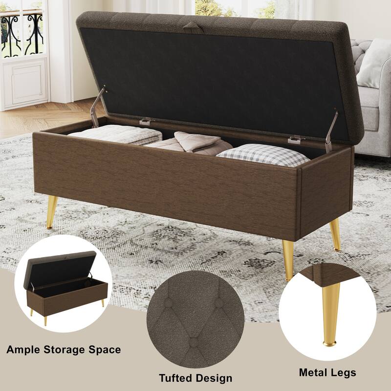 Roomfitters Modern Tufted Boucle Storage Ottoman Bench with Gold Metal Legs, Entryway End of Bed