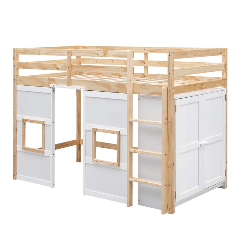 Wood Twin Size Loft Bed with Built-in Storage Wardrobe and 2 Windows w/Full-Length Guardrails, No Boxing Spring Needed