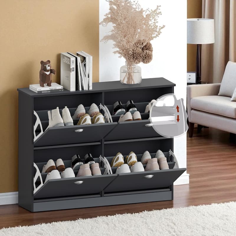Slim Hidden Shoe Cabinet with 4 Flip Drawers, Narrow Entryway Shoe Rack, Adjustable Dividers, Original Wood Finish