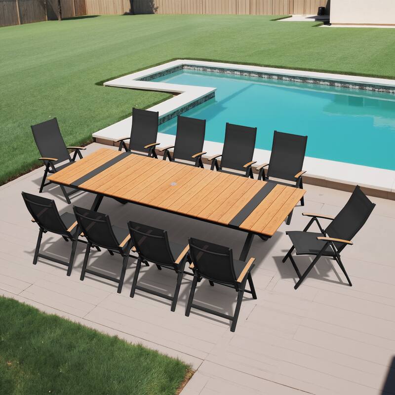 11-Piece Set Outdoor Aluminum Dining Table with Umbrella Hole and Foldable Chairs - Brown