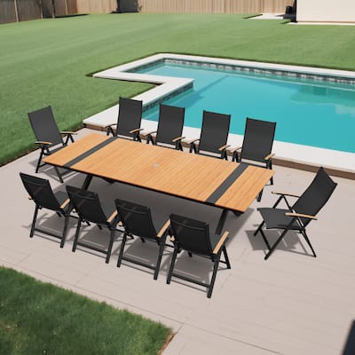 11-Piece Set Outdoor Aluminum Dining Table with Umbrella Hole and Foldable Chairs