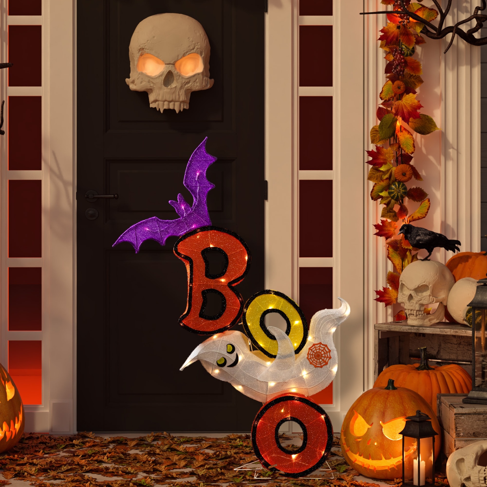 Bat Ghost "Boo" Halloween Decoration 4.5' Warm White Led Lights