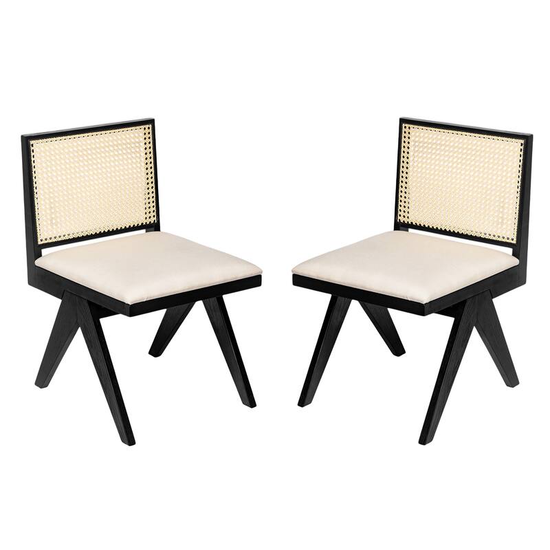 Dining Chairs Set of 2, Ergonomic Upholstered Kitchen Side Chairs, Accent Chairs with Rattan Backrest & Solid Wood Legs - Black+Natural,Grey