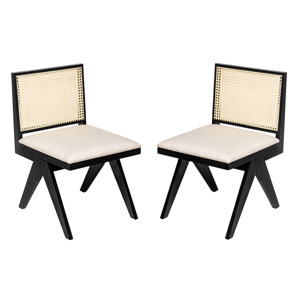 Dining Chairs Set of 2, Ergonomic Upholstered Kitchen Side Chairs, Accent Chairs with Rattan Backrest & Solid Wood Legs