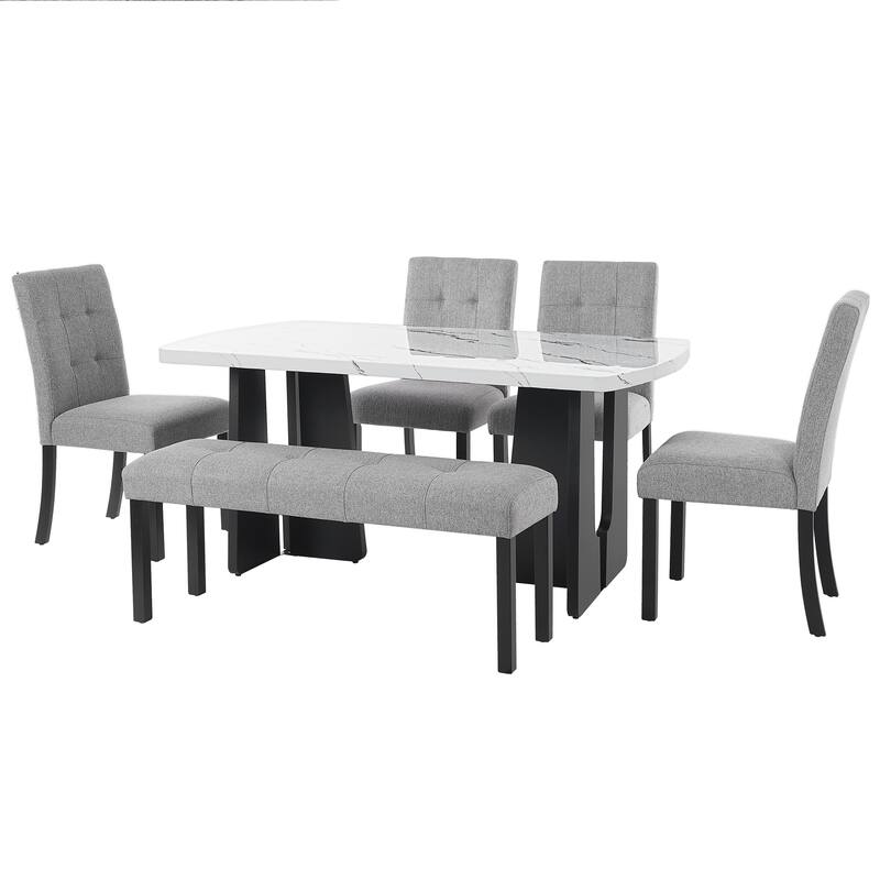 6 Piece Dining Table Set, Faux Marble Dining Table with 4 Upholstered Chairs & 1 Bench, Kitchen Dining Table & Chair Set