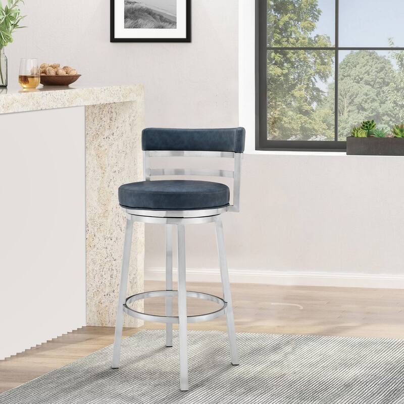 26 Inch Leatherette Counter Height Barstool, Silver and Blue