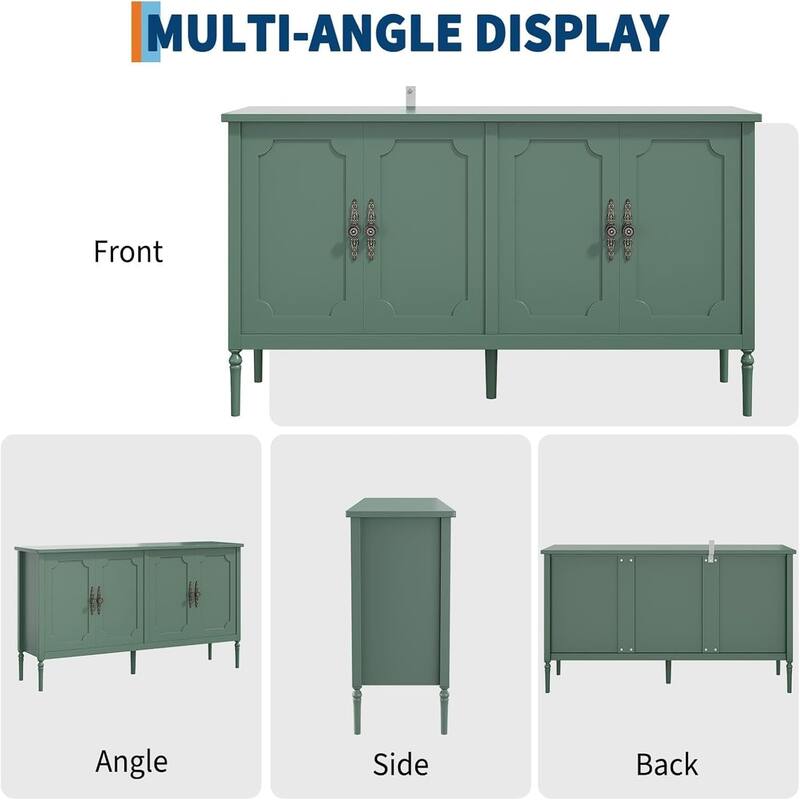 59" Modern Sideboard with Storage, 4 Doors and Adjustable Shelves, Coffee Bar Cabinet, Green
