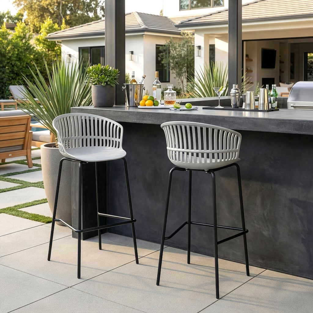 Set of 2 Basil Gray Plastic Barstools with Slatted Back and Iron Legs