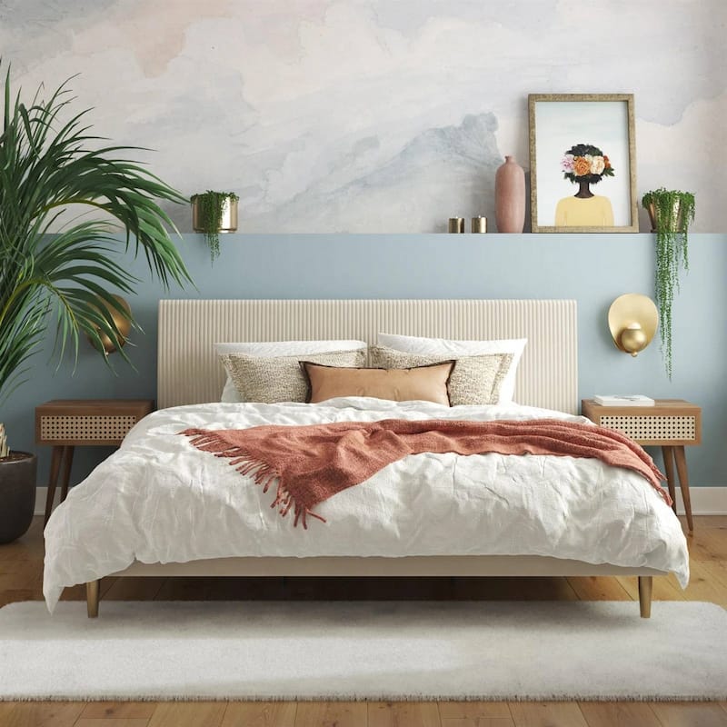 Off-White Ivory Cream Upholstered Platform Bed Frame with Headboard
