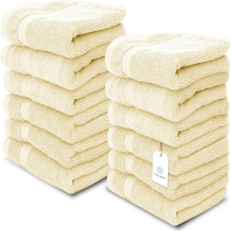 White Classic Luxury Cotton Washcloth 13x13 - Set of 12 - Beige