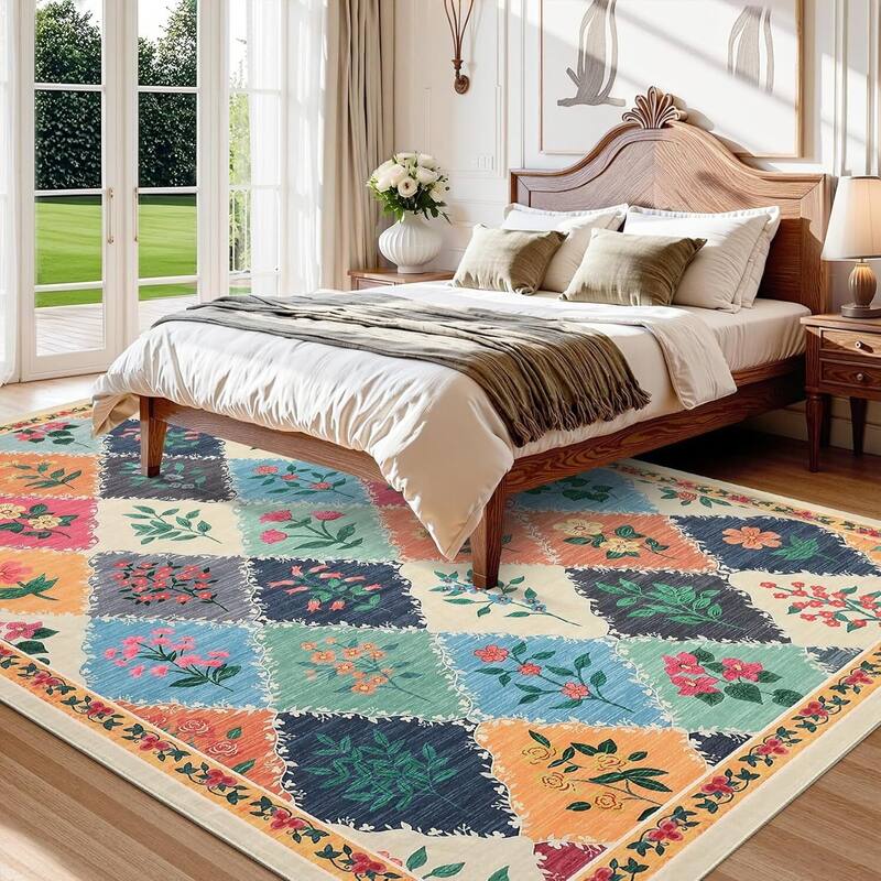 Vintage Floral Washbale Floor Cover Area Rug for Bedroom, Living Room, Colorful - 1'6" x 2'6"