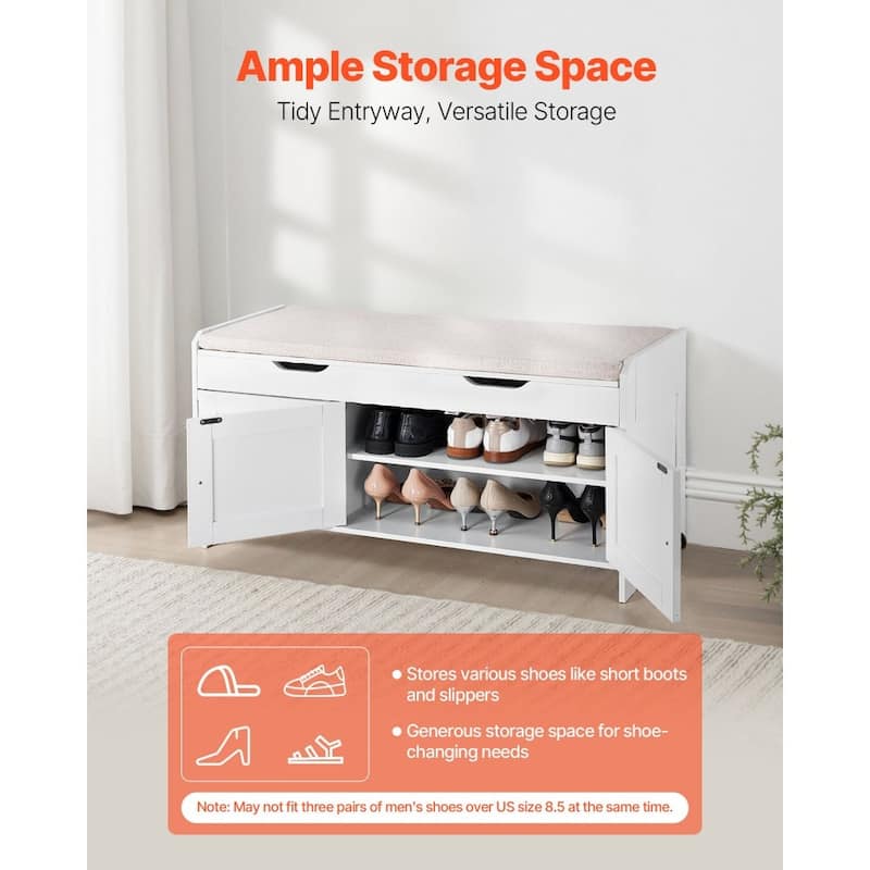 White Shoe Storage Bench with Adjustable Shelves and Cream Cushion Seating for Entryway Organizer - 41.3 x 13.8 x 19.8 Inch