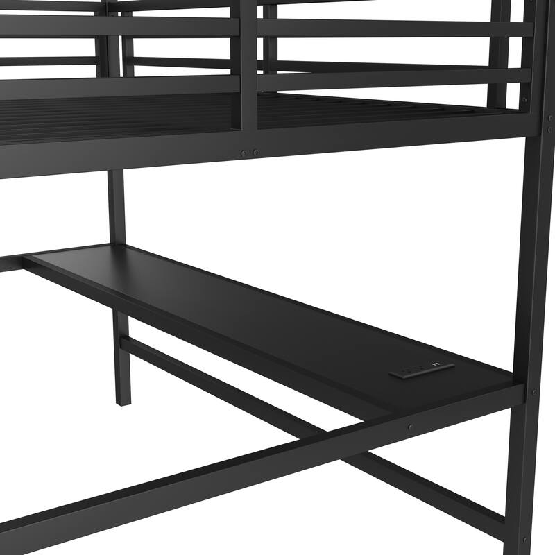 Queen Size Metal Loft Bed with Desk, USB, LED Light, Power Outlet, Space-Saving, Noise Reduced, Black