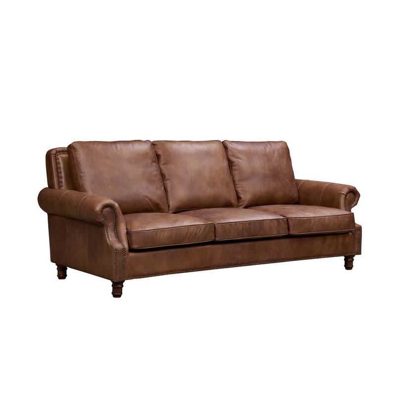 English Rolled Arm Sofa - Leather - Bark Brown