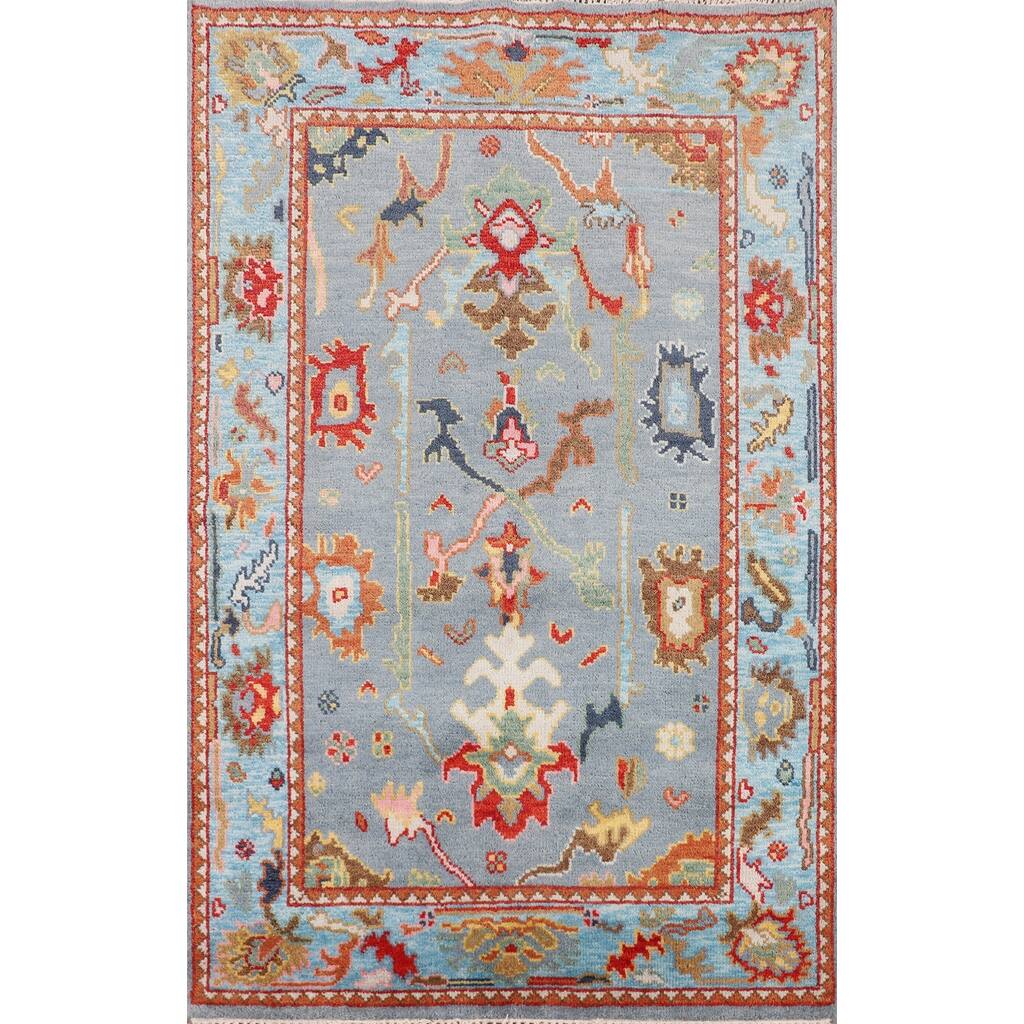 Light Blue Oushak Indian Foyer Rug Handmade Wool Carpet - 4'0"x 5'11"