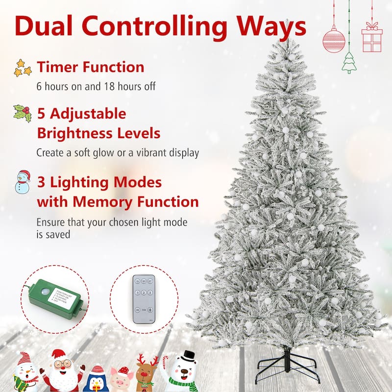 Gymax 6/7/8 FT Snow-flocked Artificial Christmas Tree w/51/65/81 - Green+White