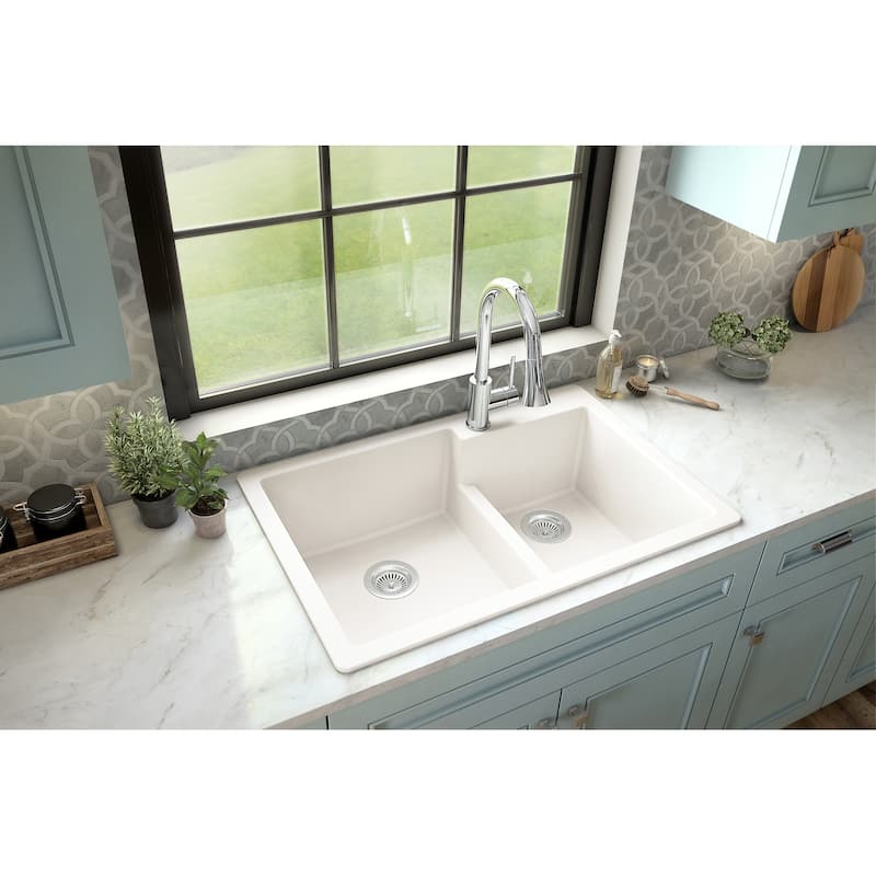 Karran 33" Top Mount Large/Small Bowl Quartz Kitchen Sink Kit - 33" x 22" x 9"
