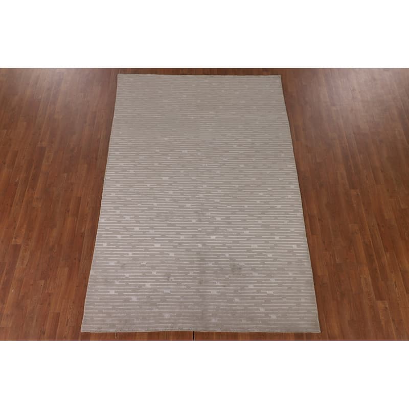 Beige Striped Nepalese Oriental Area Rug Hand-Knotted Wool Carpet - 5'10" x 8'8"