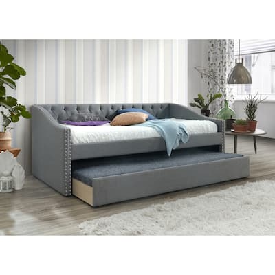 Luxurious 1pc Modern Daybed Button Tufted Nailhead Trim Armrest Pull Out Trundle Bedroom Living Room Furniture Gray Finish