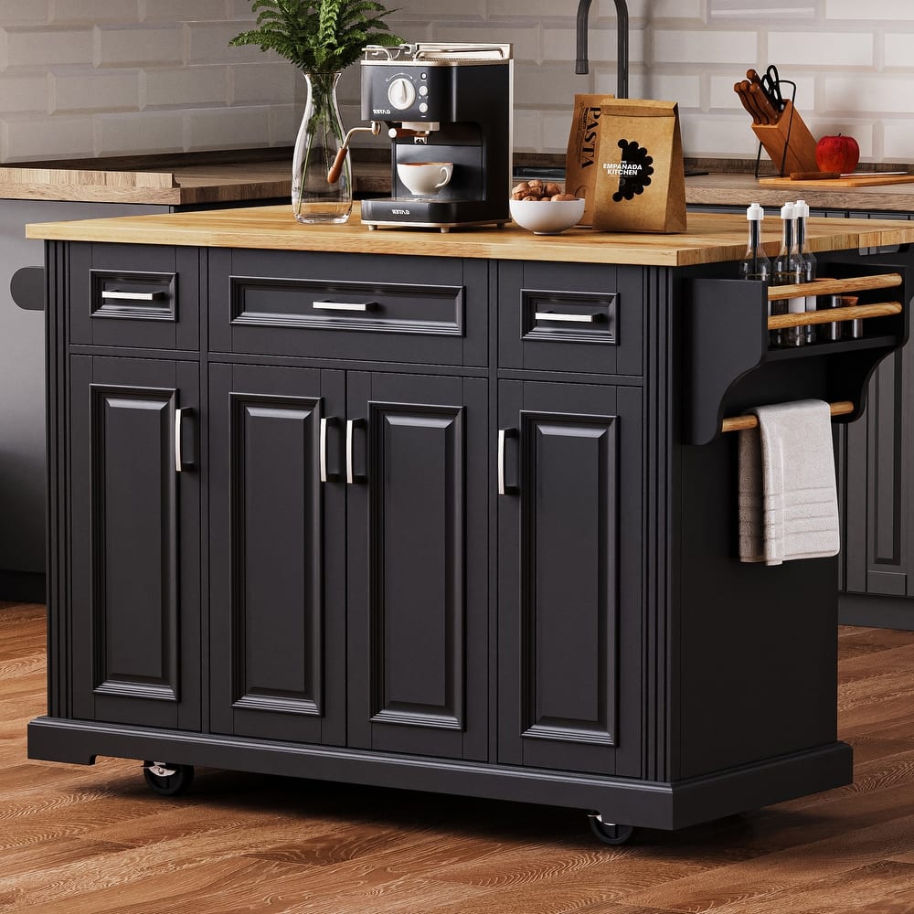 54" Rolling Kitchen Island on 4 Wheels with Drop Leaf and 4 Doors and 3 Drawers