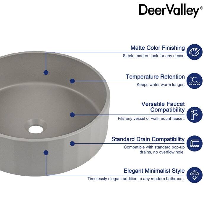 DeerValley 17" Bathroom Vessel Sink, Concrete Light Gray Vessel Sink, Round Above Counter Bathroom Sink