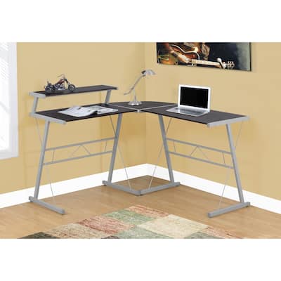 L-Shaped Computer Desk, Brown Laminate, Grey Metal, Modern, Corner Design