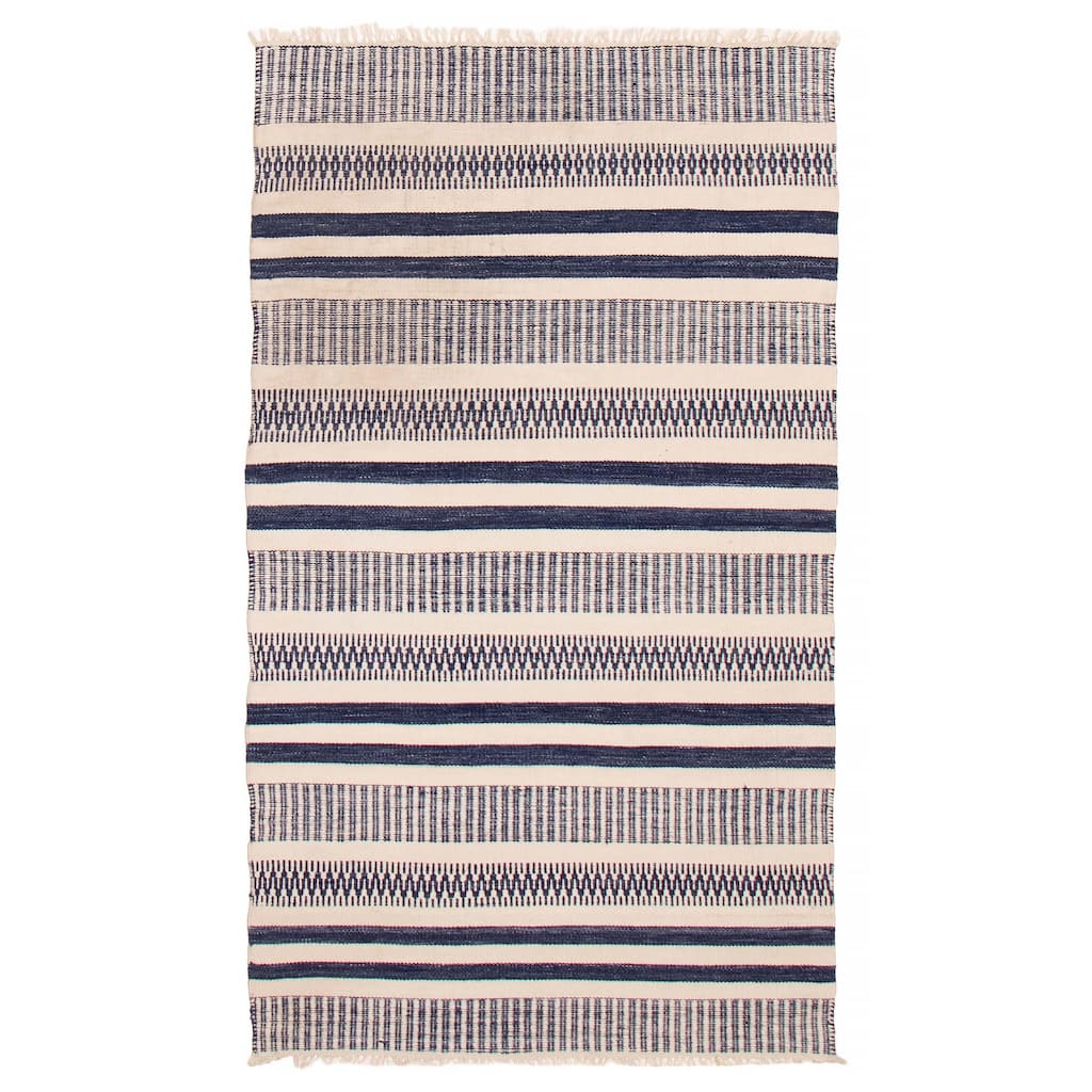 Ankara Cream, Navy Kilim 4'10" x 8'2" - 4'10 x 8'2