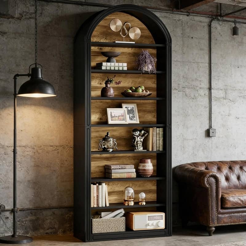 8-Tier Arched Bookshelf with Two-Tone Finish, Sturdy MDF Bookcase with Closed Back for Living Room, Study, or Kitchen
