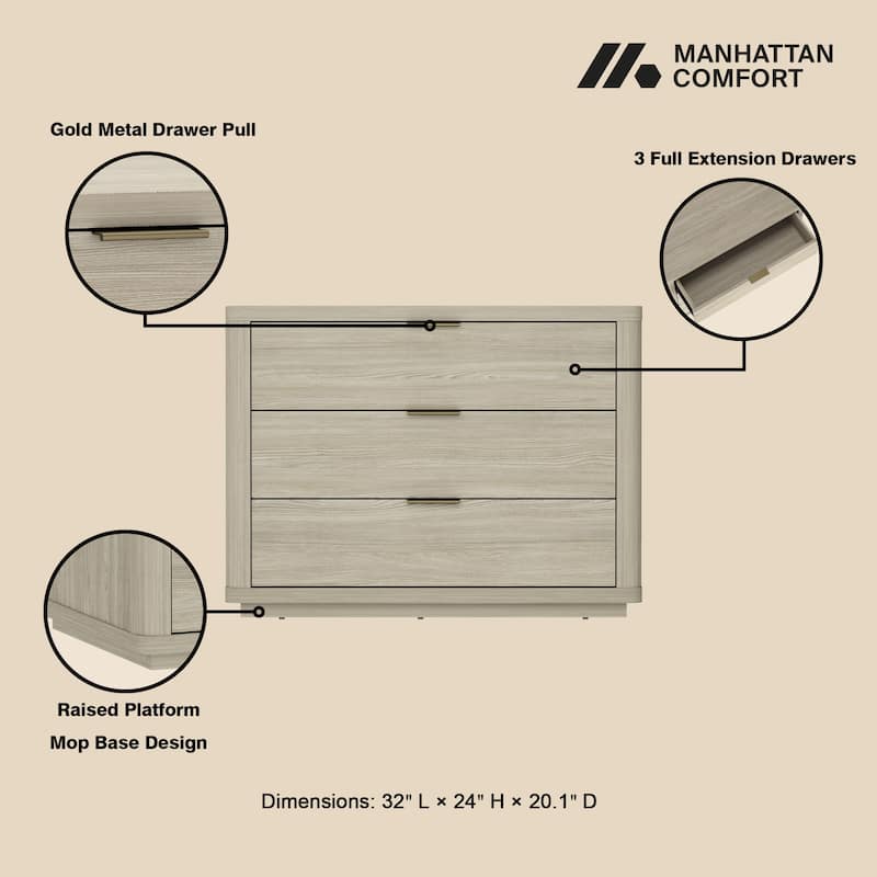 Manhattan Comfort Evelyn 32" Nightstand (3-Drawer) - Set of 2