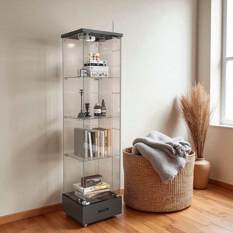 65.9" Modern Glass Display Cabinet with Drawer, LED Lights, Lockable Storage & 4 Tempered Glass Shelves
