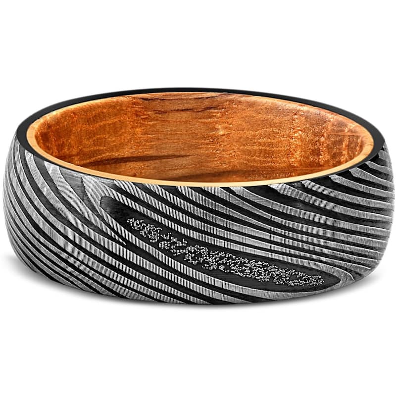 Bliss Diamond Men's Tungsten & Whiskey Barrell 8mm Ring Damascus Pattern Wedding Band - 6.5