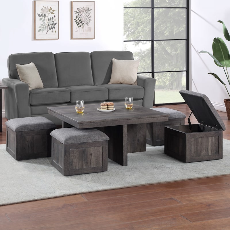 Wood Coffee Table Set with Storage Stools