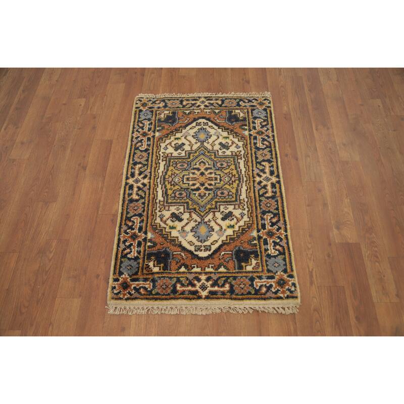 Hand Knotted Oriental 100% Wool Carpet Traditional Medallion Beige & Ivories Heriz (serapi) Area Rug - 3' 0'' X 2' 0''
