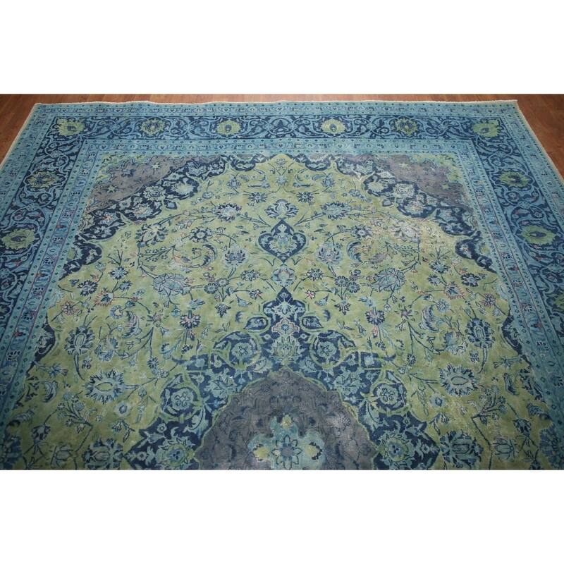 Hand Knotted Oriental 100% Wool Carpet Traditional Floral Green Mashad Area Rug - 11' 8'' X 8' 0''
