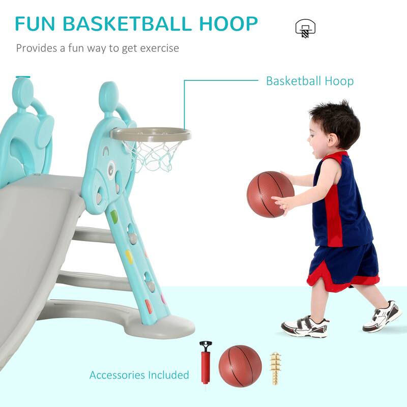 2 in 1 Kids Slide with Hoop Foldable Deer Shaped 18M-4Y Includes Ball Pump Blue