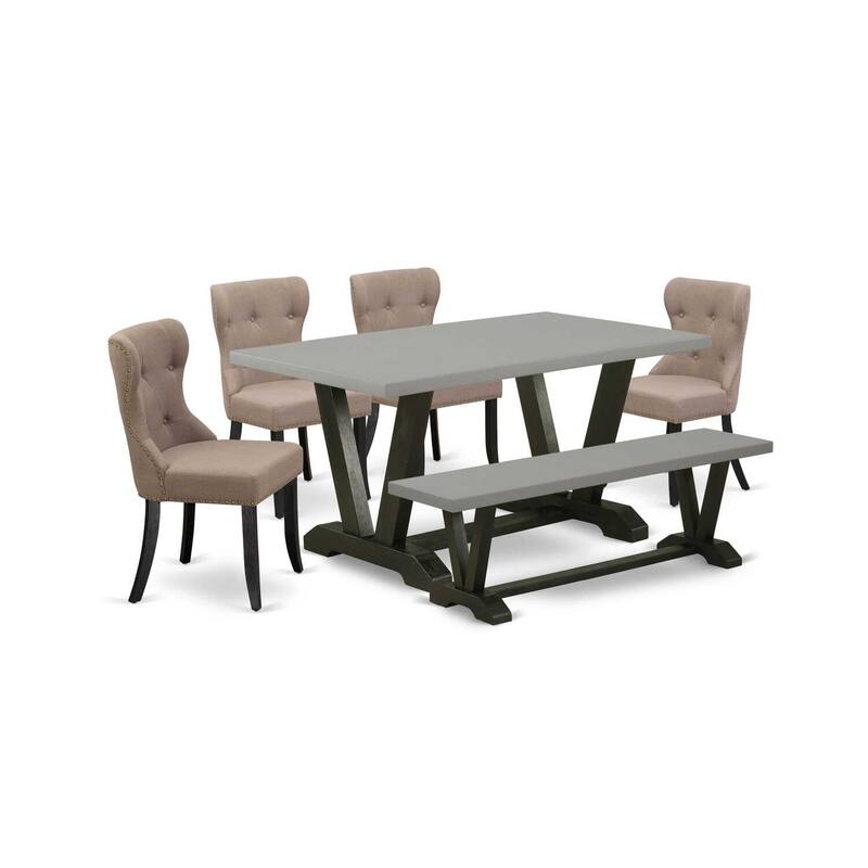 HomeStock 6-Piece Natural Oak Finish Solid Wood Top dining Table with 1-Bench and 4-Chairs