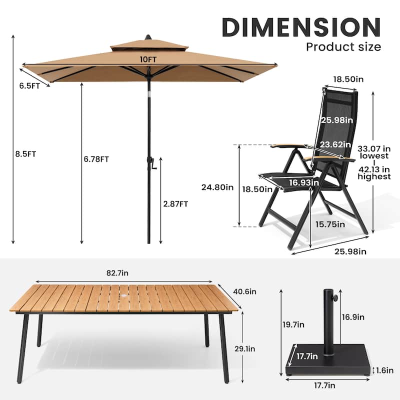 9/11-Piece Outdoor Aluminum Patio Dining Set w/10 ft Umbrella and Base, Rectangle Table and Folding Chairs