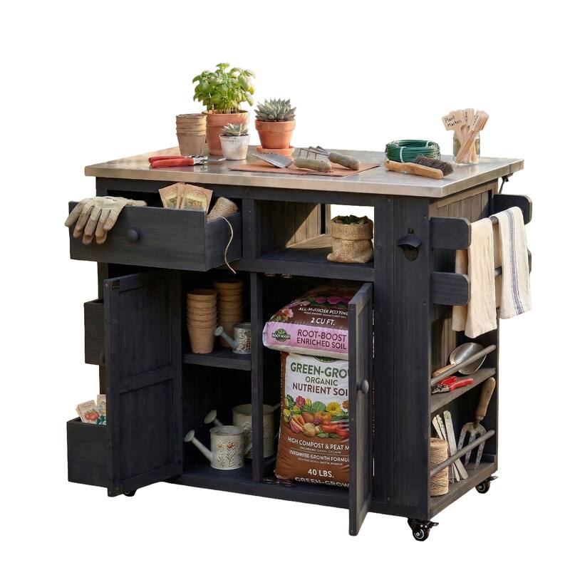 Outdoor Solid Wood Extendable Kitchen Island with Stainless Steel Top, Side Spice Rack, Drawers & Storage Cabinet