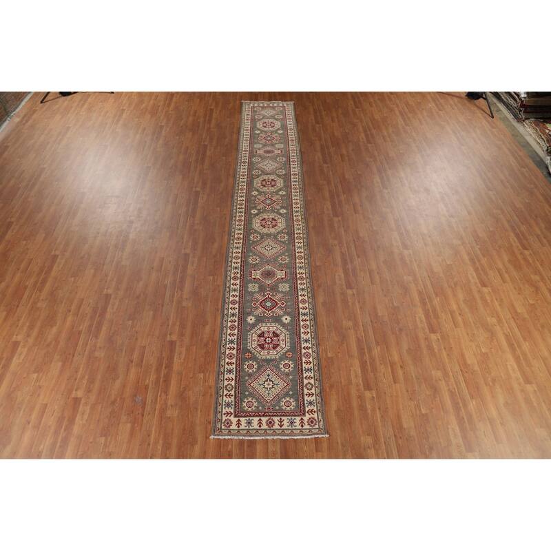 Geometric Kazak Runner Rug Handmade Traditional Wool Carpet - 2'8" x 16'4"