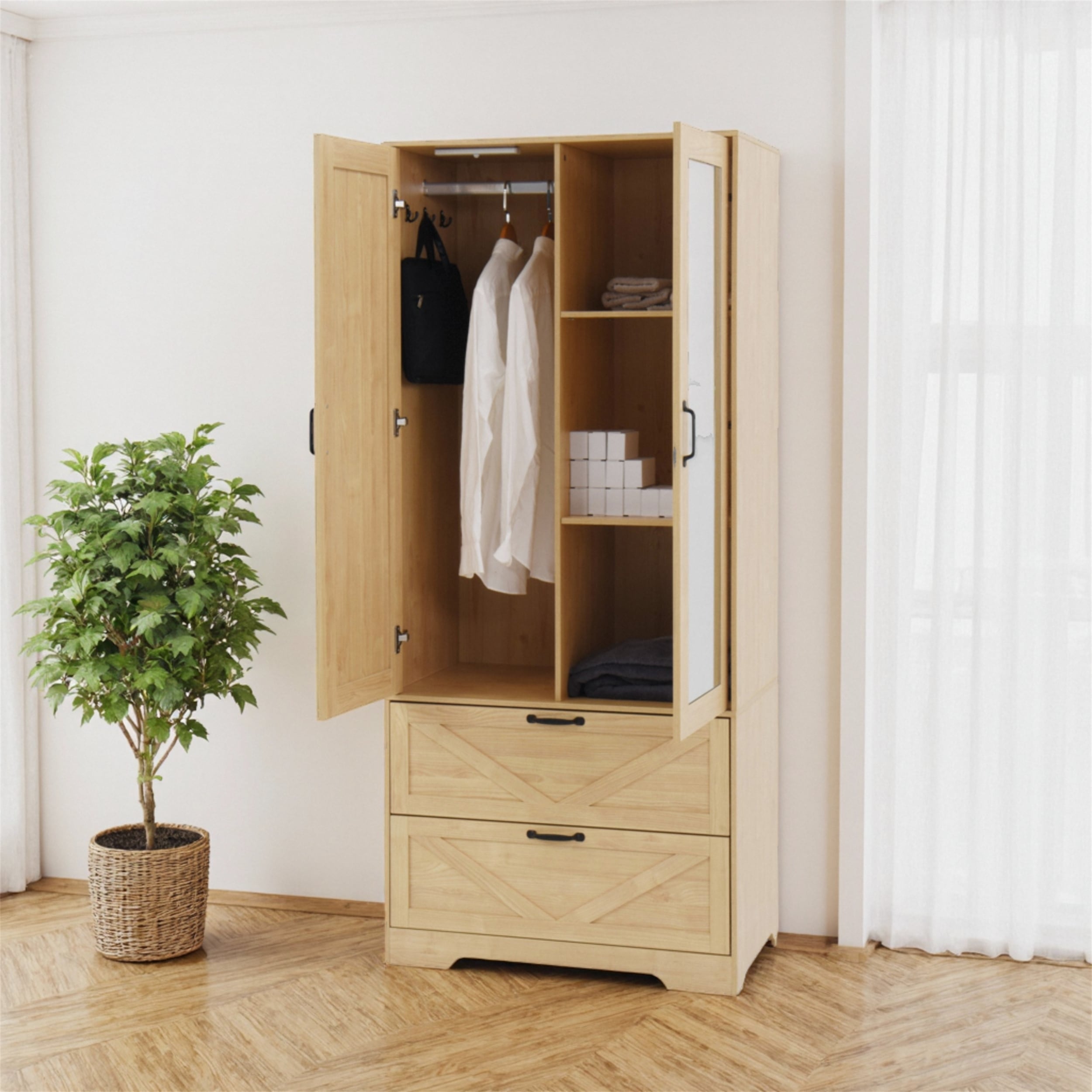 71.7" Modern Wardrobe with 2 Drawers, Sensor Light and Hanging Rod