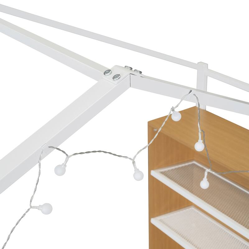 Full Size House Bed Frame with Metal Slats, Built-in Shelves, and LED Lights, Fun Playhouse Design for Kids