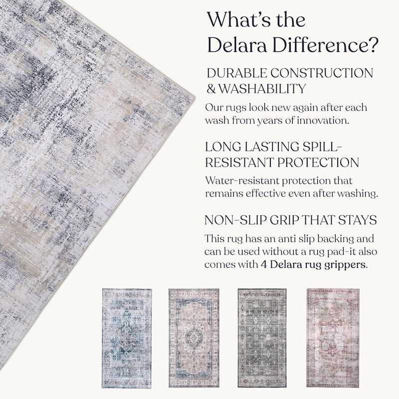 Delara Machine Washable Area Rug, Soft & Durable, Non-Slip Backing, Eco- Friendly GRS certified.