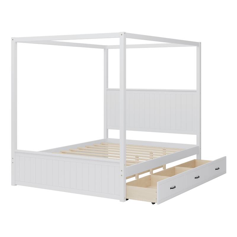 Queen Size Platform Canopy Bed with Trundle Bed and 3 Drawers Storage Bed, 4-post Solid Wood Bed Frame with Wingback Headboard