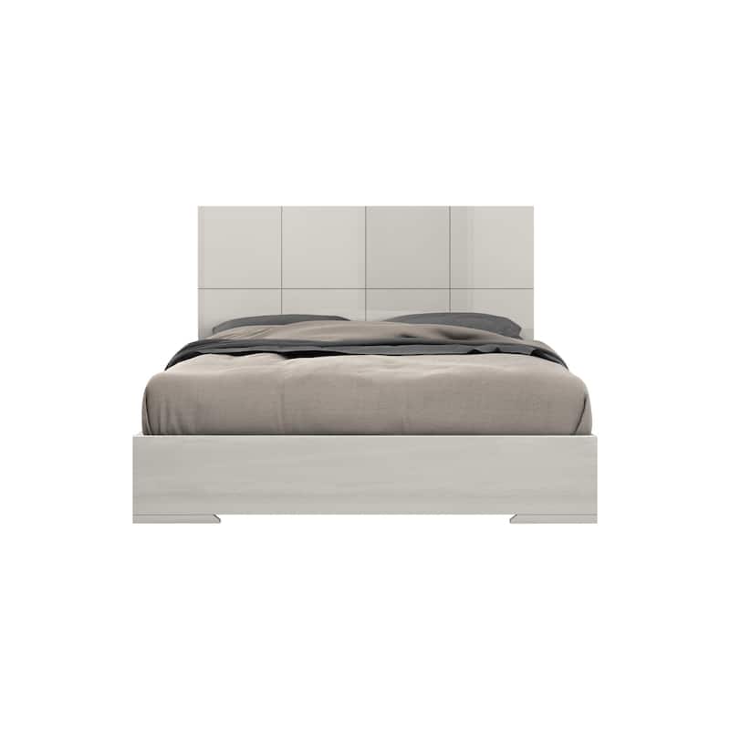 Queen Size Bed with Squares Headboard - Modern Light Grey Finish Bedroom Furniture