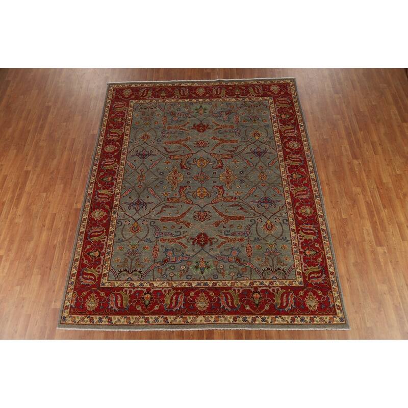 Vegetable Dye Ziegler Area Rug Handmade Green Floral Wool Carpet - 7'11" x 9'10"