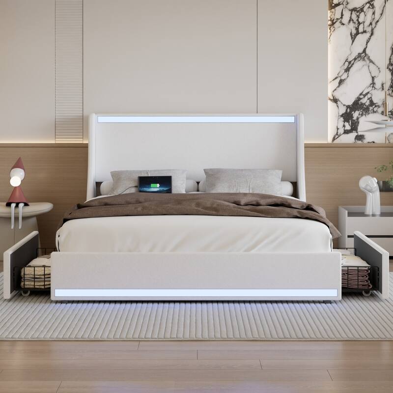Javlergo Bed Frame with LED Lights and Charging Station Linen Fabric Bed with Drawers Wooden Slats - White - Full