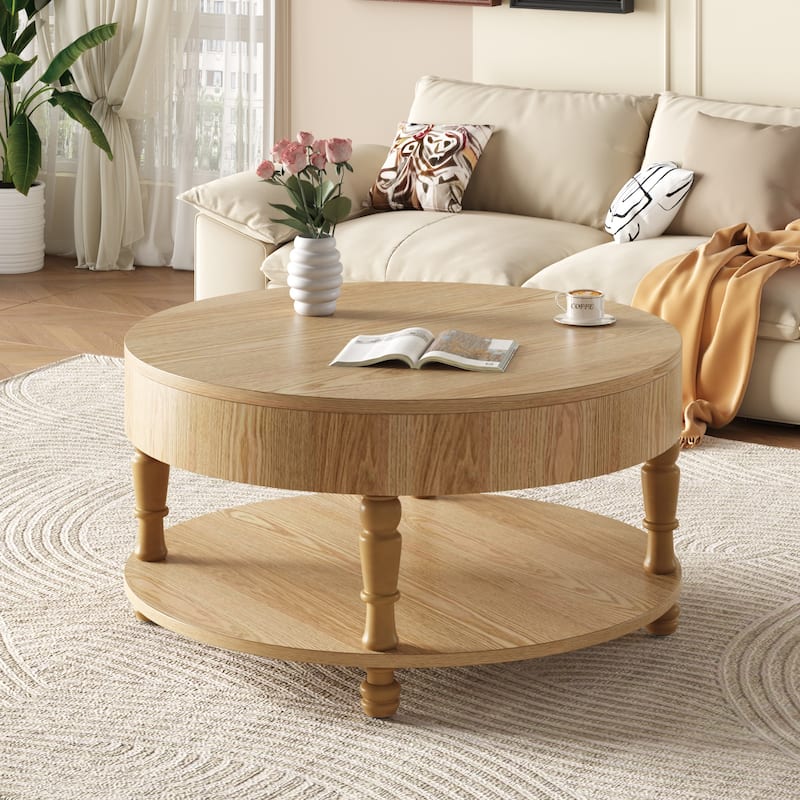 31.5" Modern Round Coffee Table with Adjustable Leveling Feet and Dual Storage